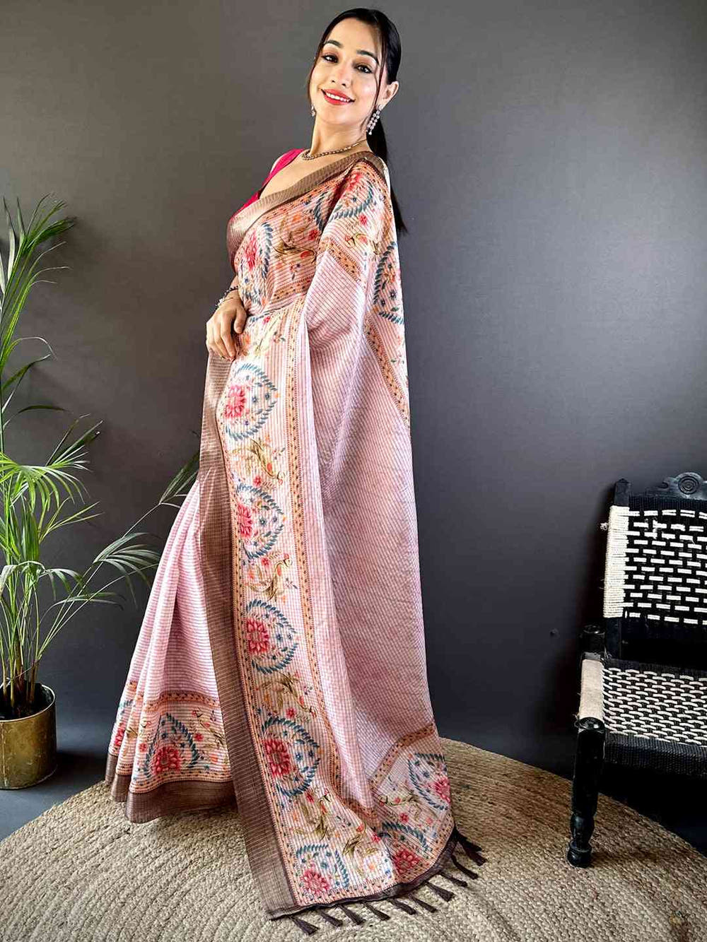 Graceful Pastel Pink Soft Silk Chex Saree