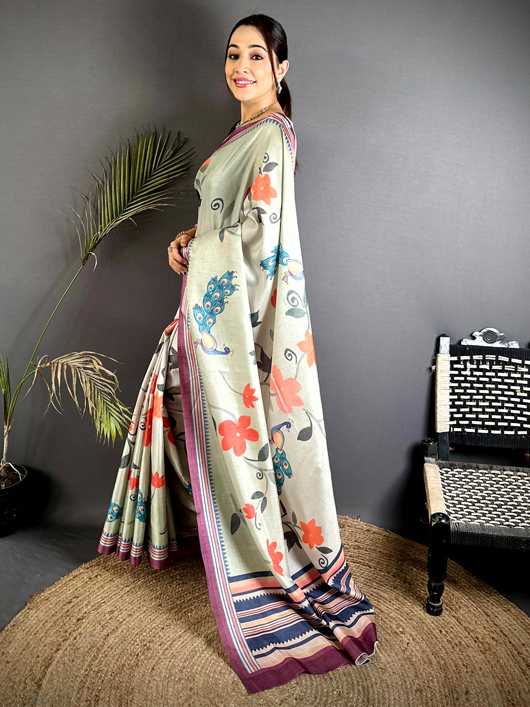 Pista Floral Tussar Ikkat Border Saree