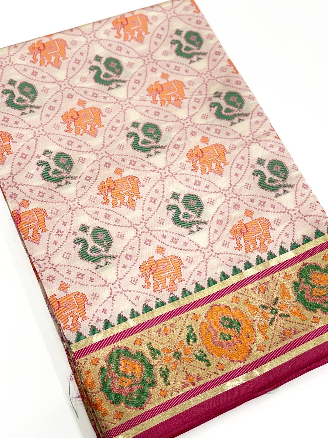 Elegant White Pochampally Patola Silk Saree