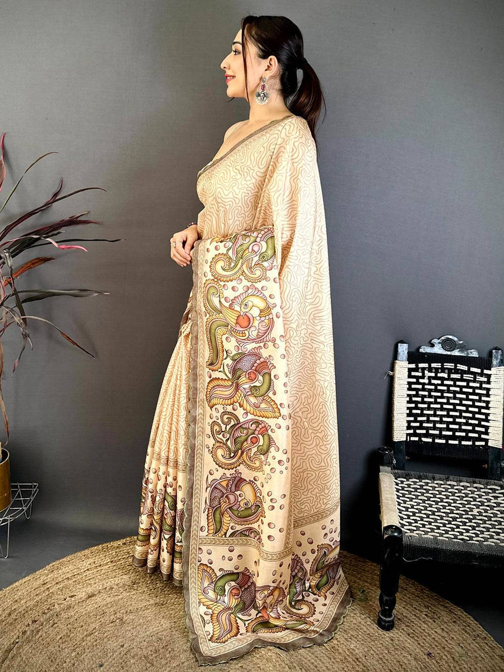 Beige Kalamkari Tussar Cutwork Saree