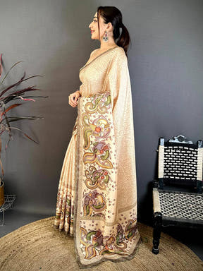 Beige Kalamkari Tussar Cutwork Saree