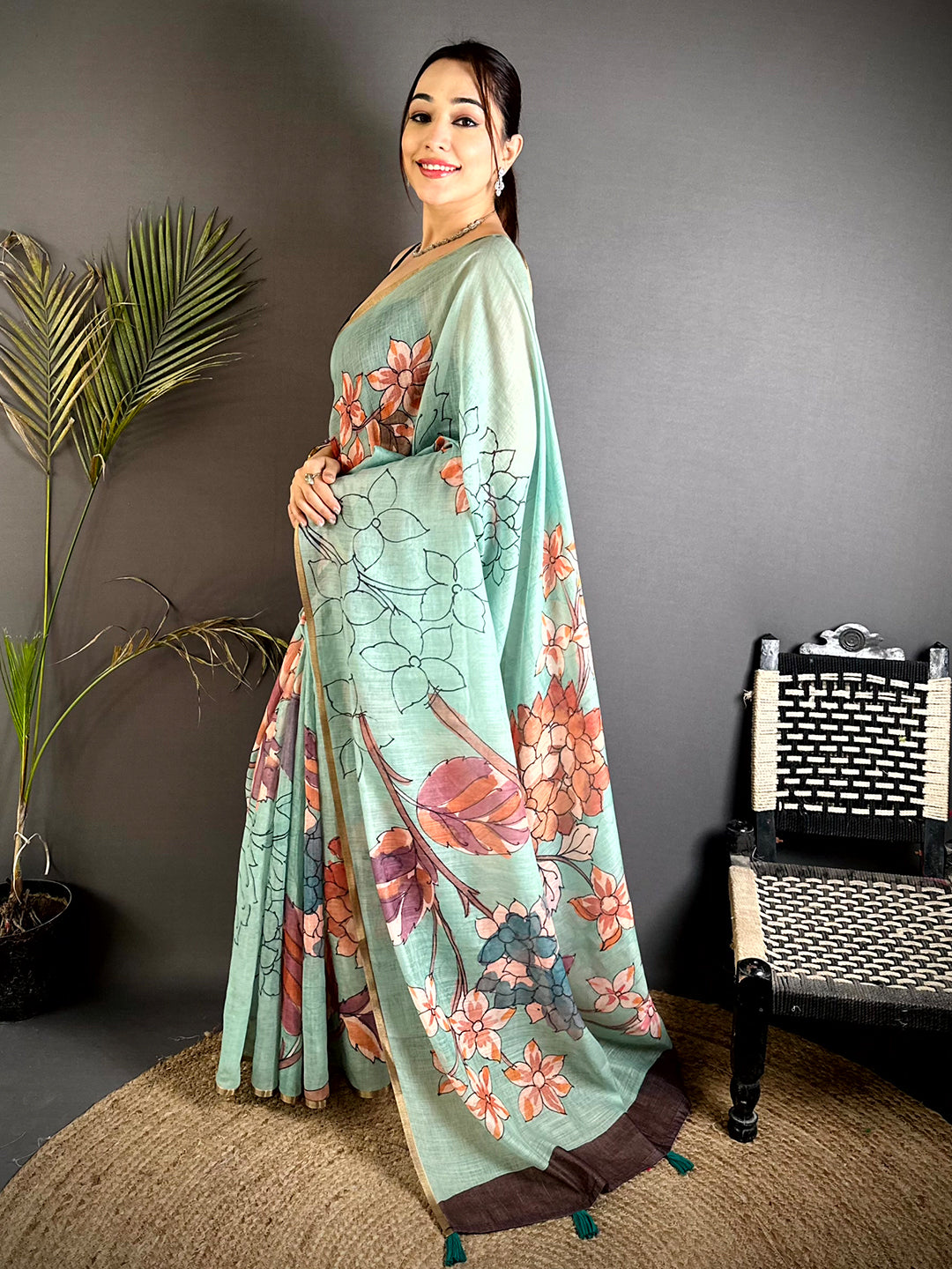 Classic Sea Green Floral Linen Saree