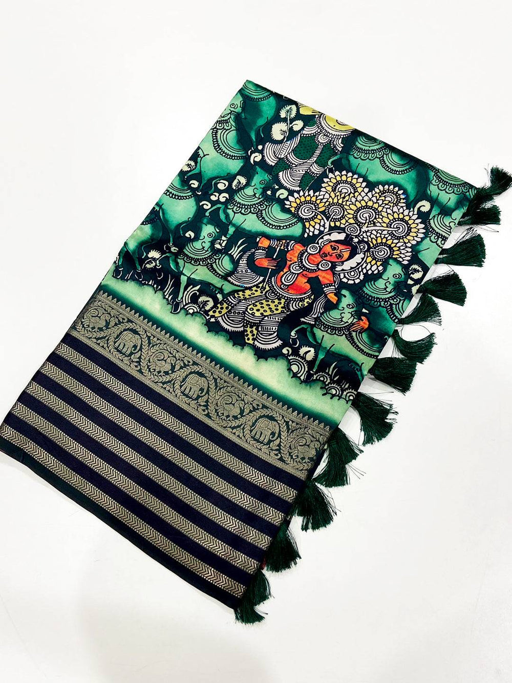 Bottle Green Kalamkari Printed Banarasi Saree