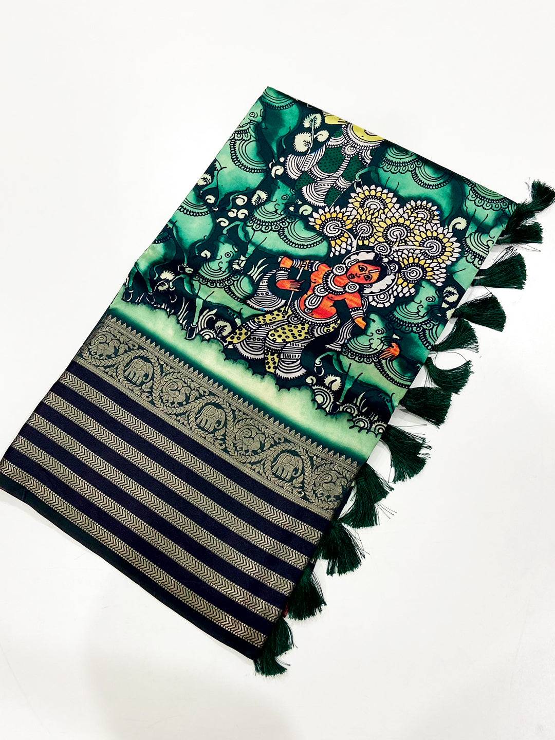 Bottle Green Kalamkari Printed Banarasi Saree
