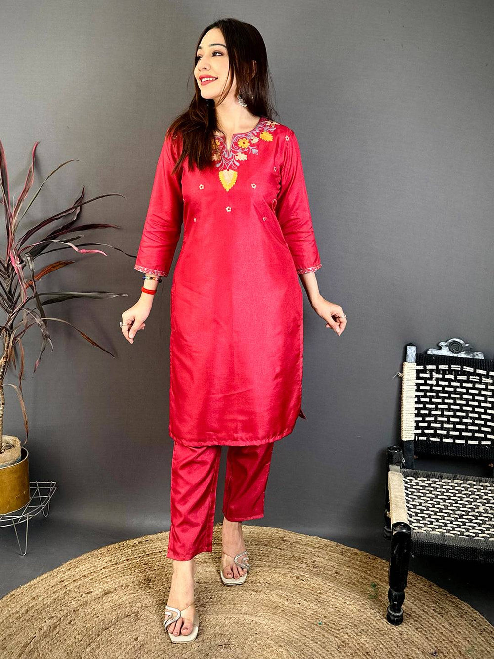Brick Red Ari Work Cotton Zari Kurti