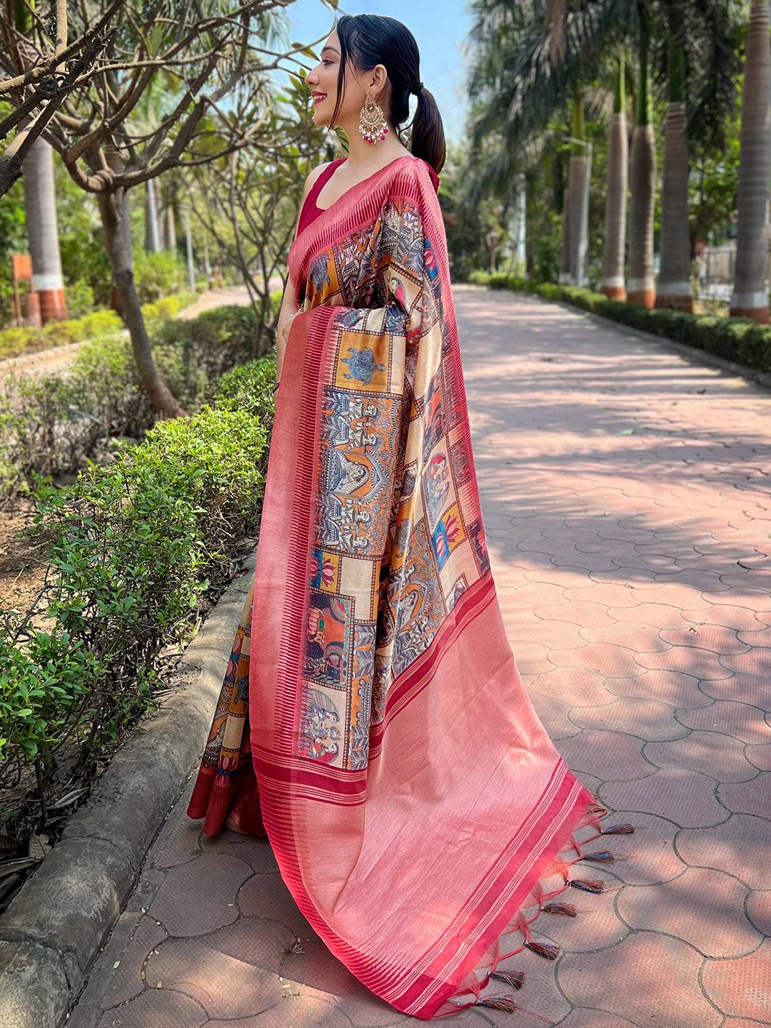 Slub Tussar Silk Madhubani Kalamkari Block Print Saree