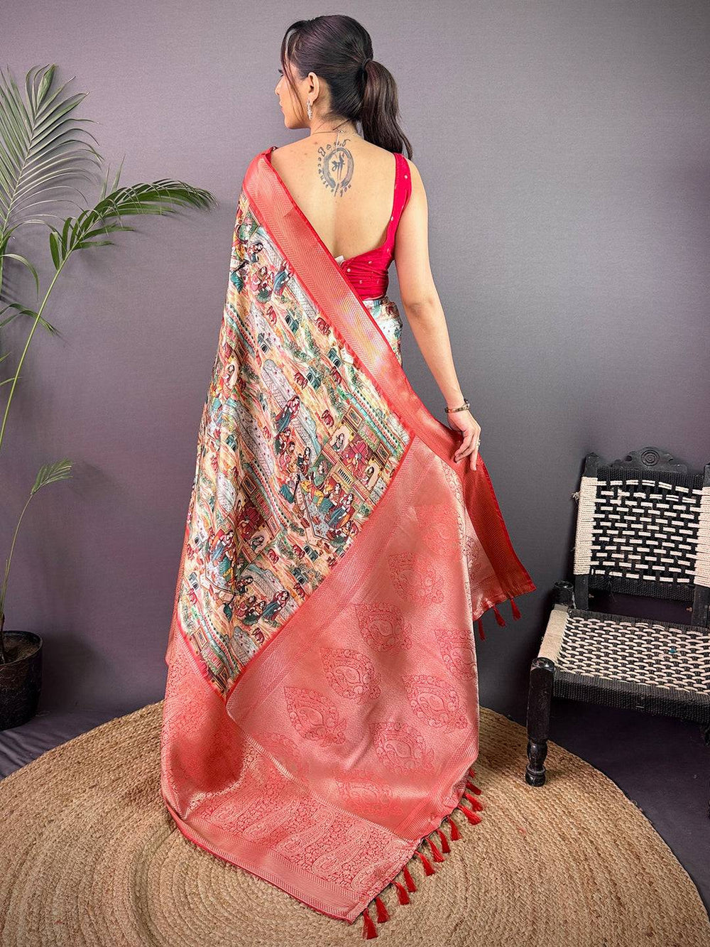 Multi Cherry Satin Kalamkari Saree