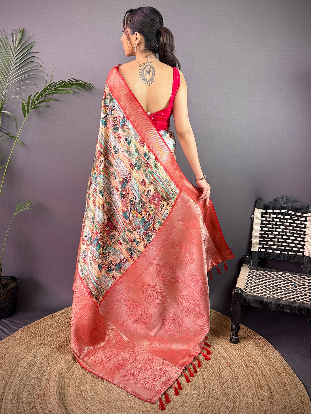 Multi Cherry Satin Kalamkari Saree