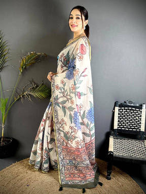 Ivory Floral Soft Linen Summer Saree


