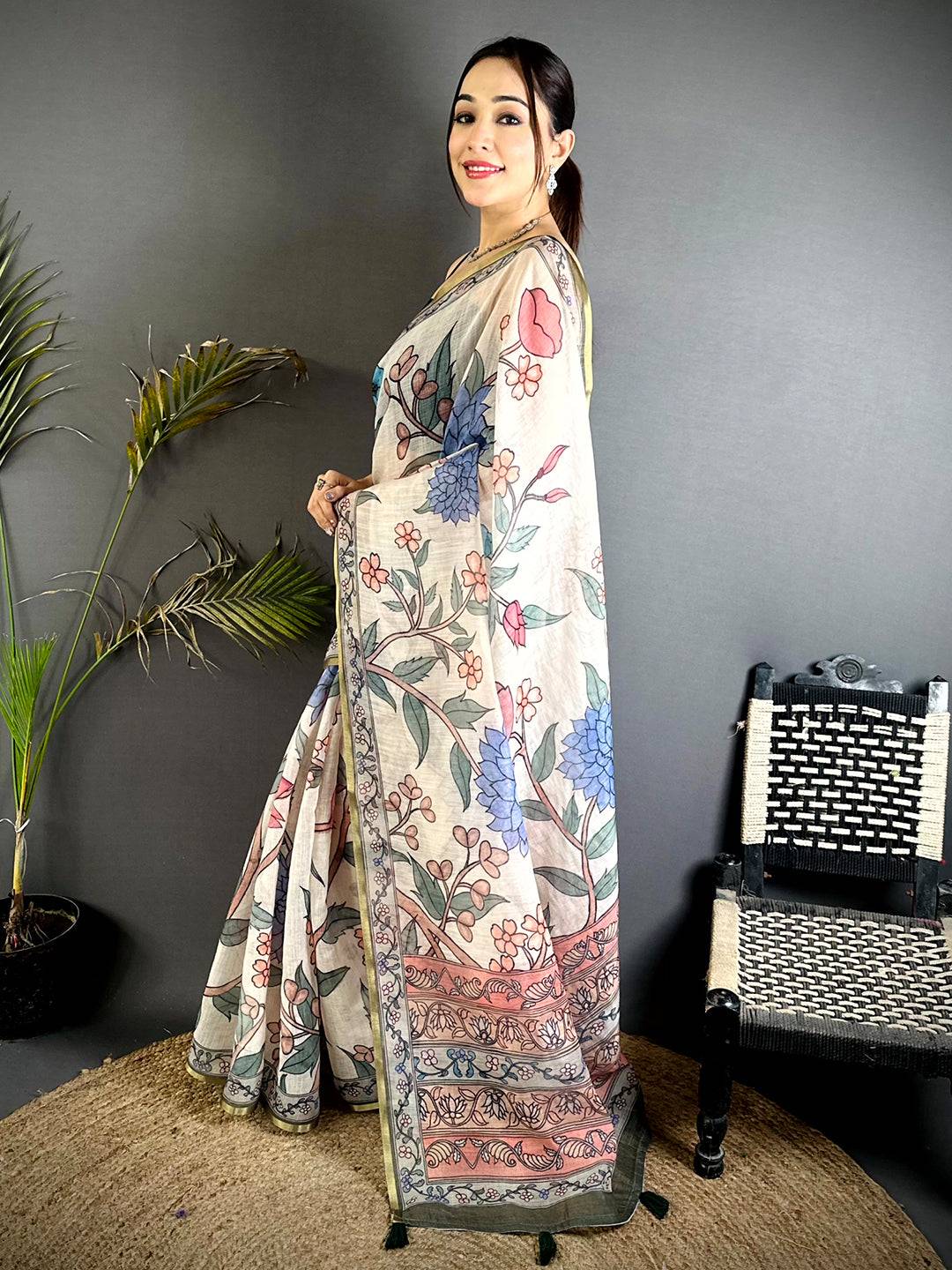 Ivory Floral Soft Linen Summer Saree


