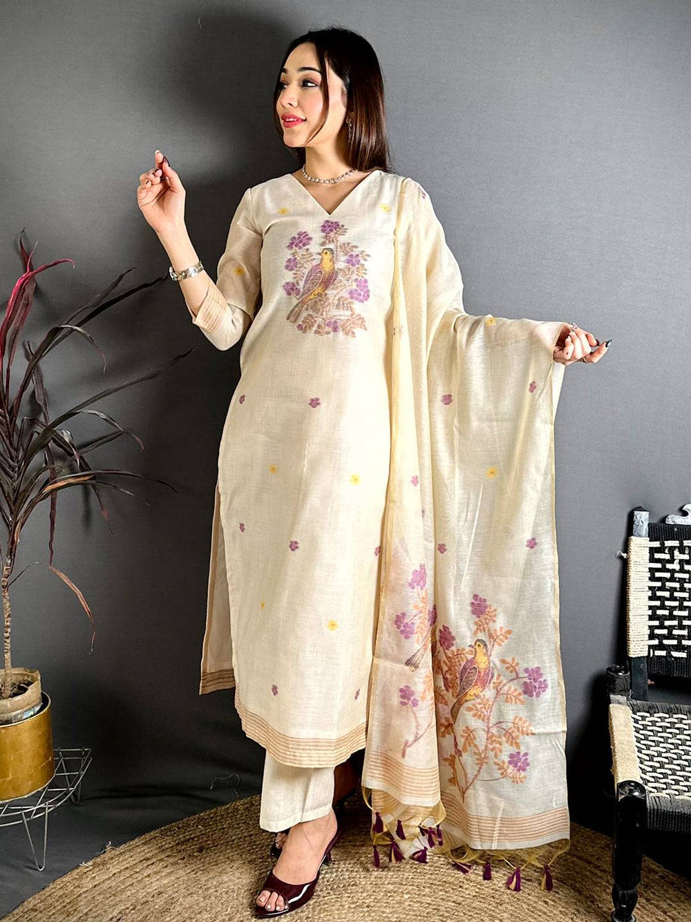 Cream Grace Woven Floral Dress


