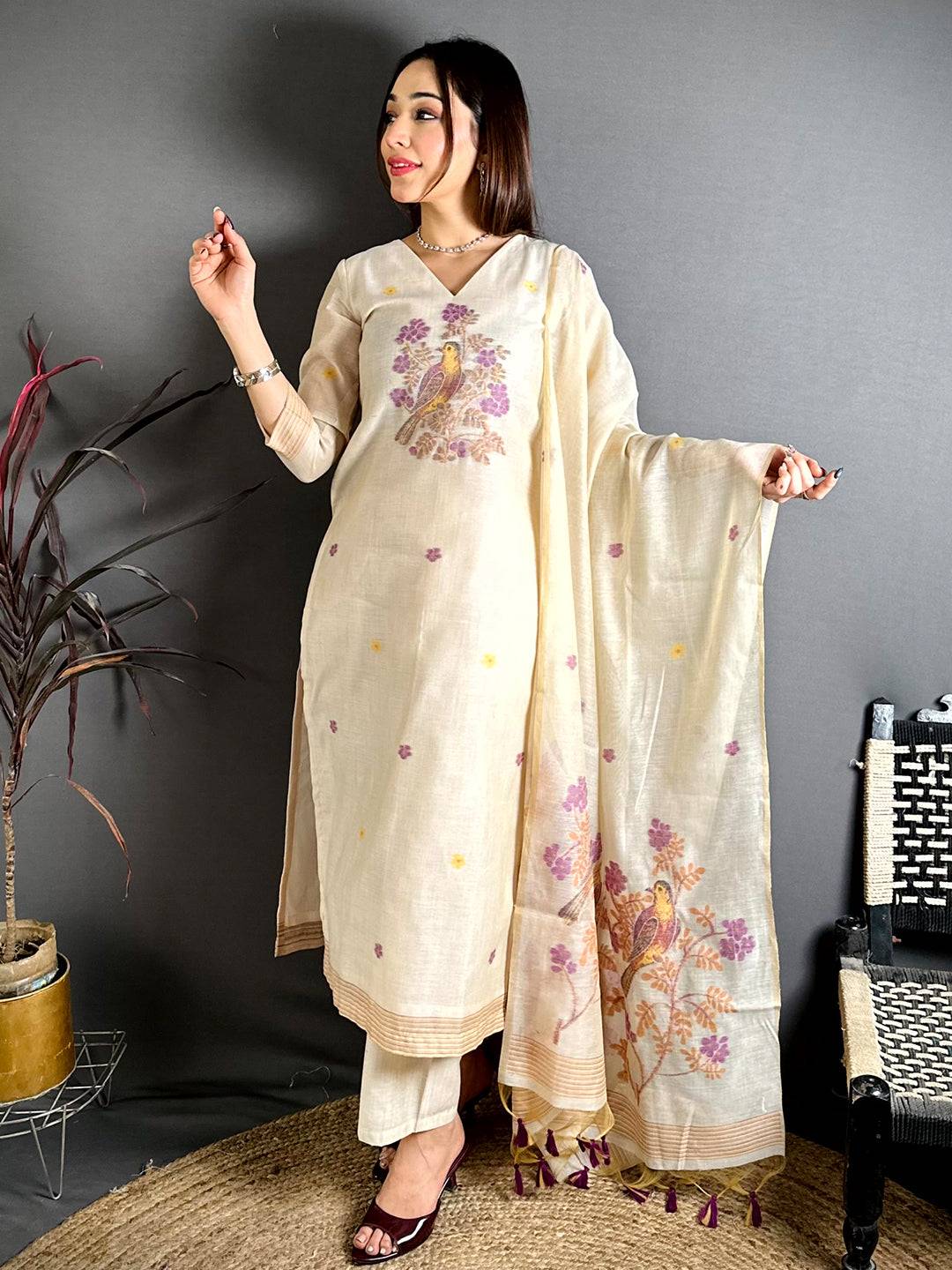 Cream Grace Woven Floral Dress

