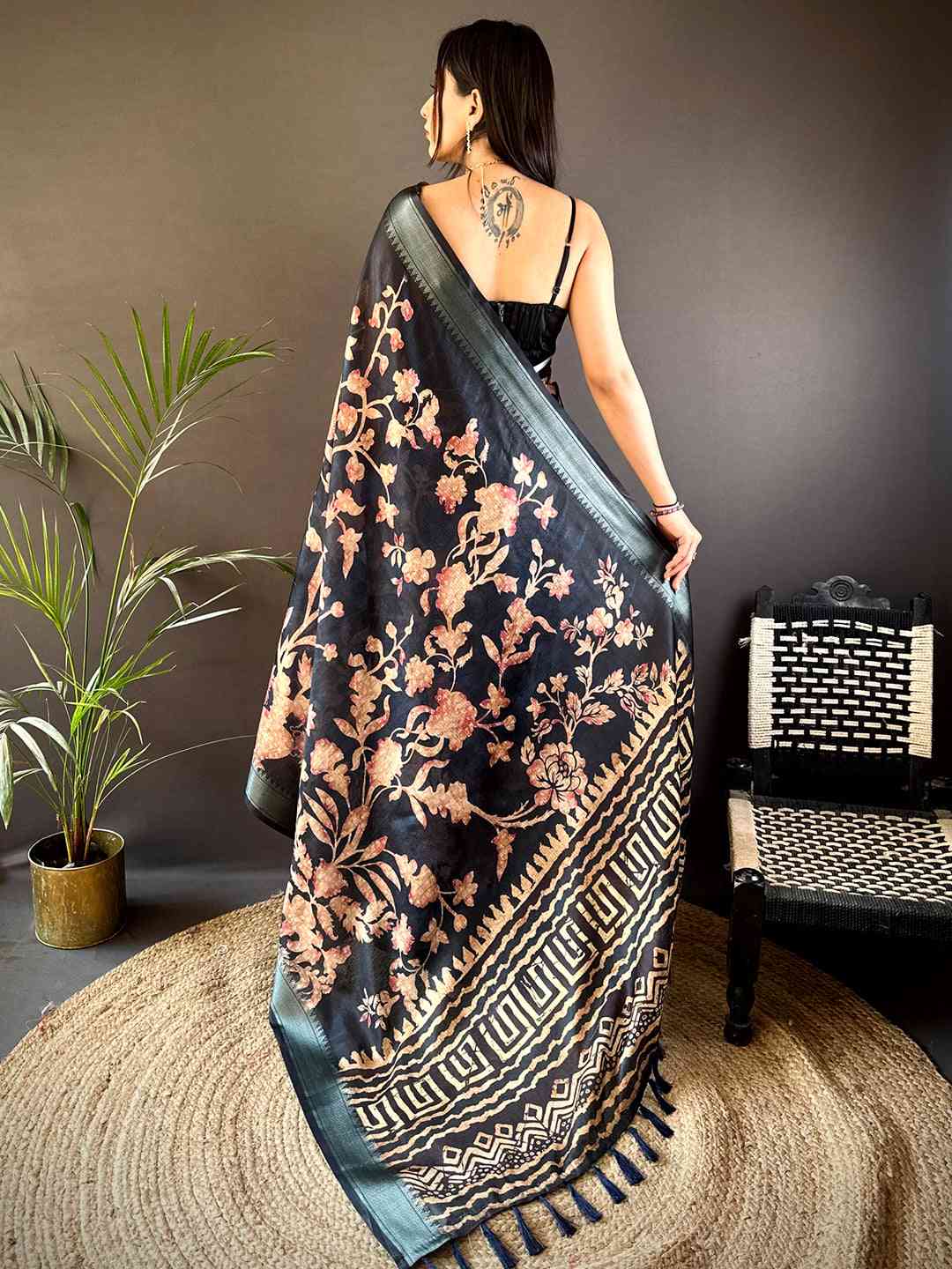 Black Kota Doriya Zari Weave Digital Print Saree