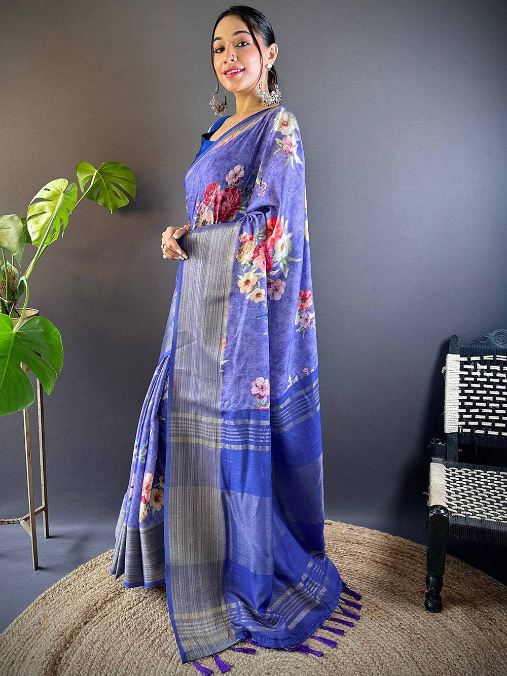 Purple Bloom Linen Saree