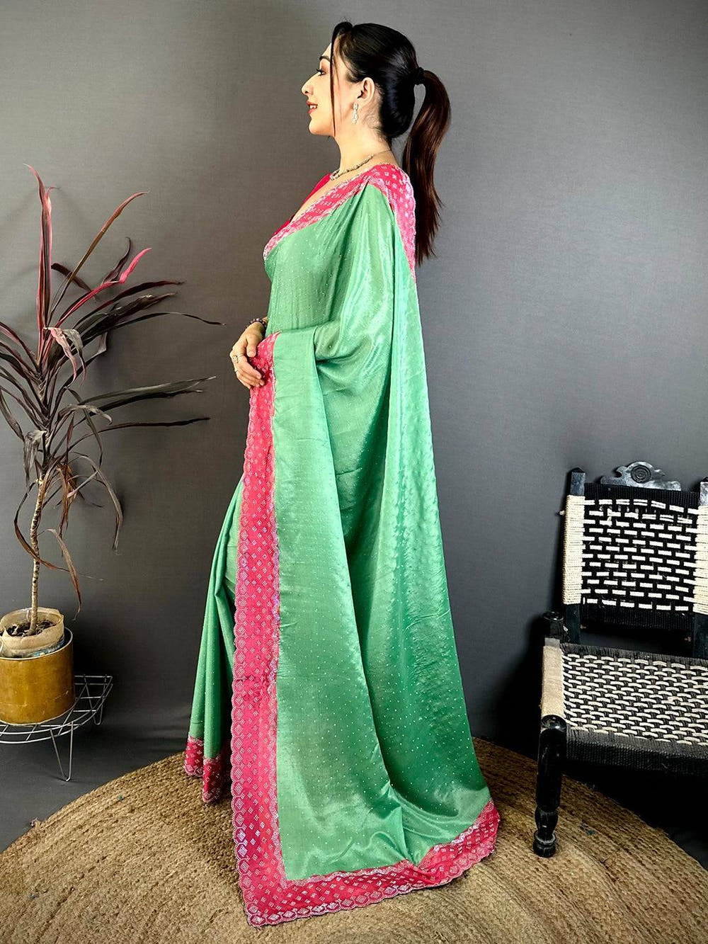 Green Poly Chiffon Diamond Stone Work Saree