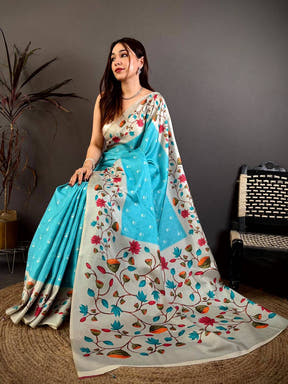 Sky Blue Soft Tussar Pichwai Print Saree