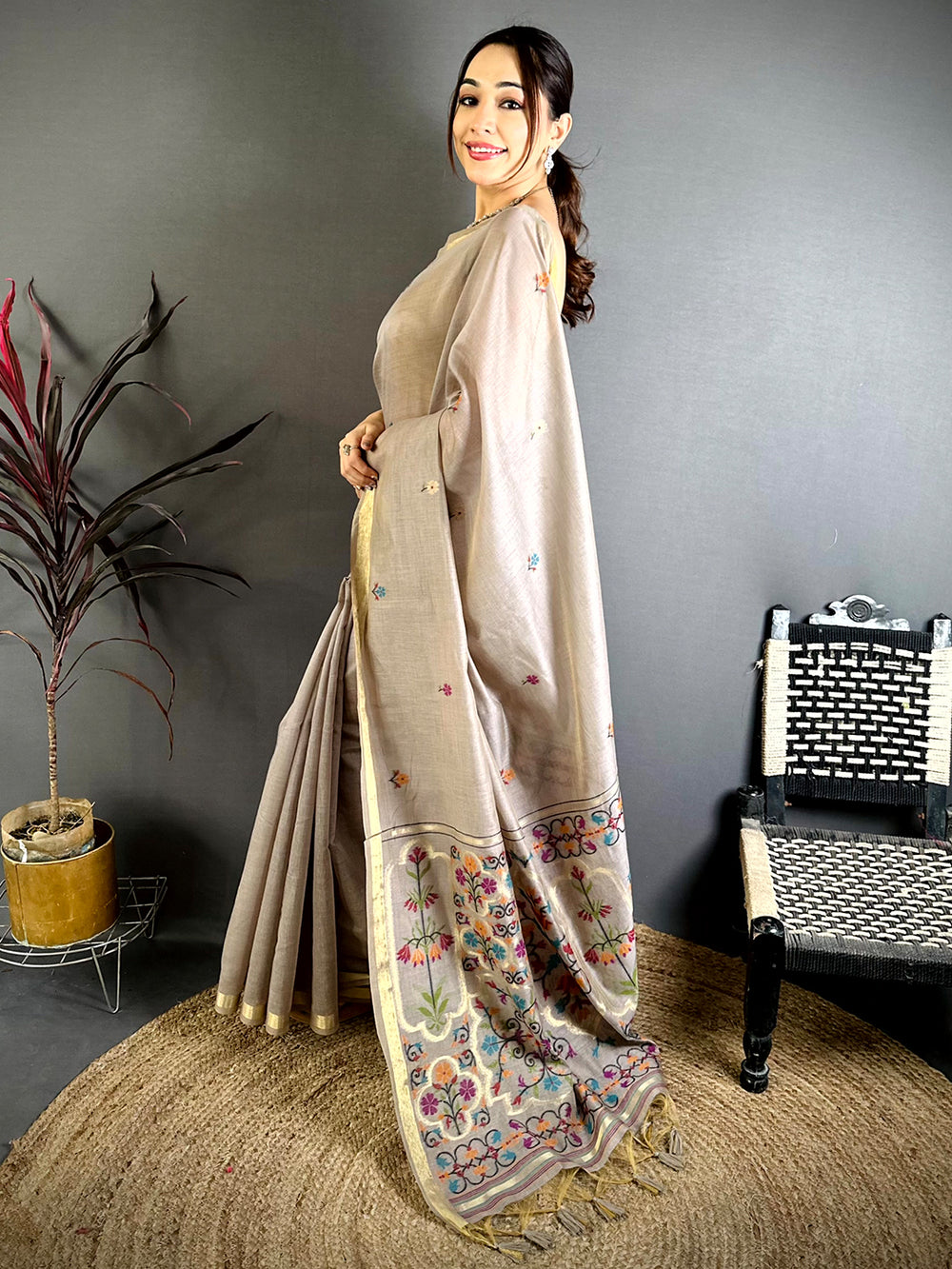 Cream Minakari Khadi Cotton Saree