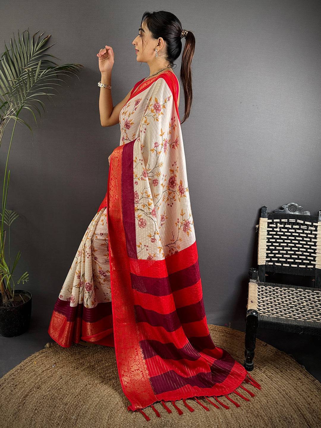Red Soft Dola Silk Zari Katha Saree

