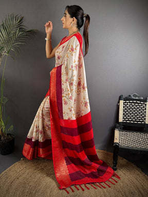 Red Soft Dola Silk Zari Katha Saree

