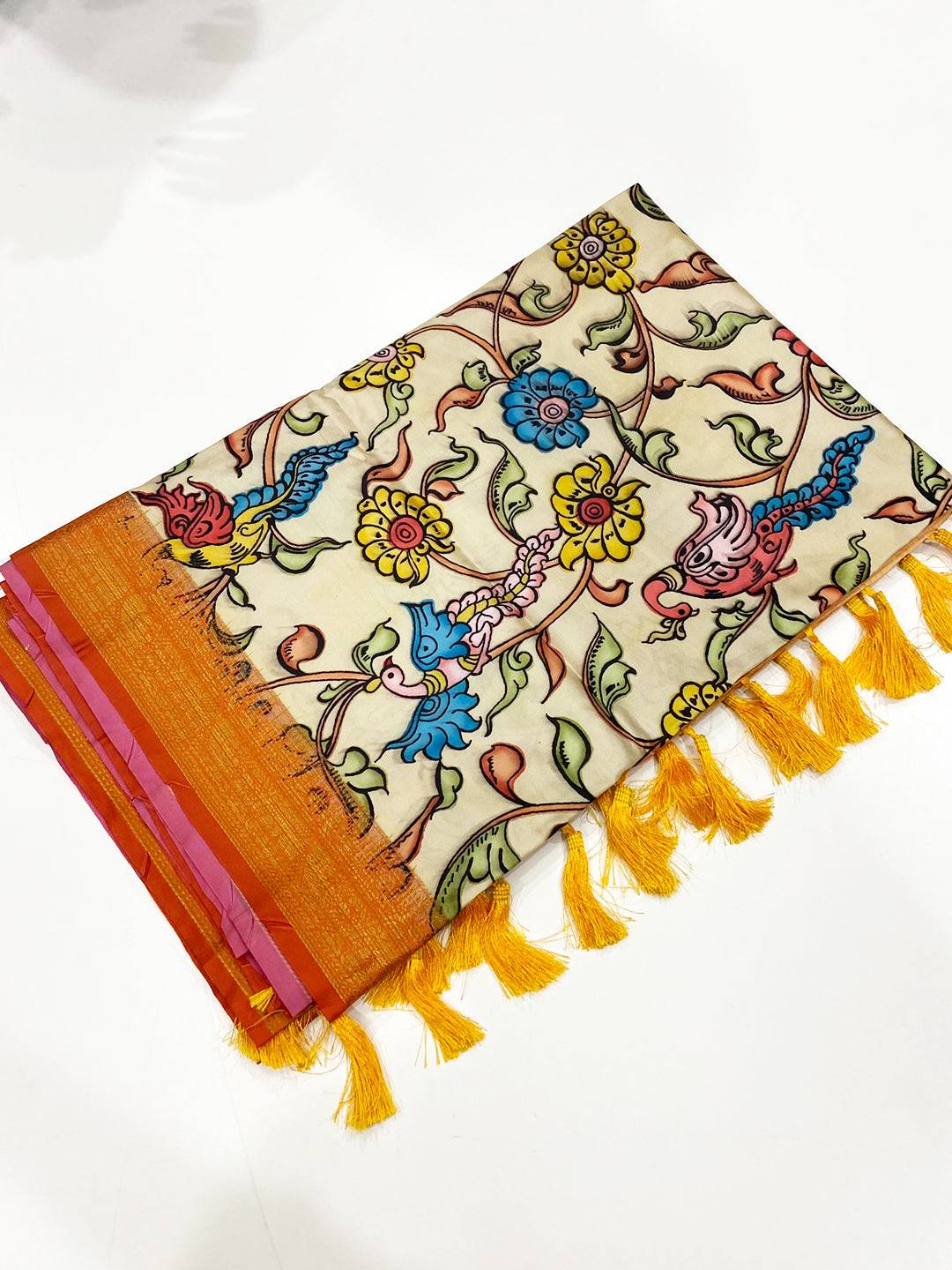 Pastel Cream Floral Banarasi Silk Saree