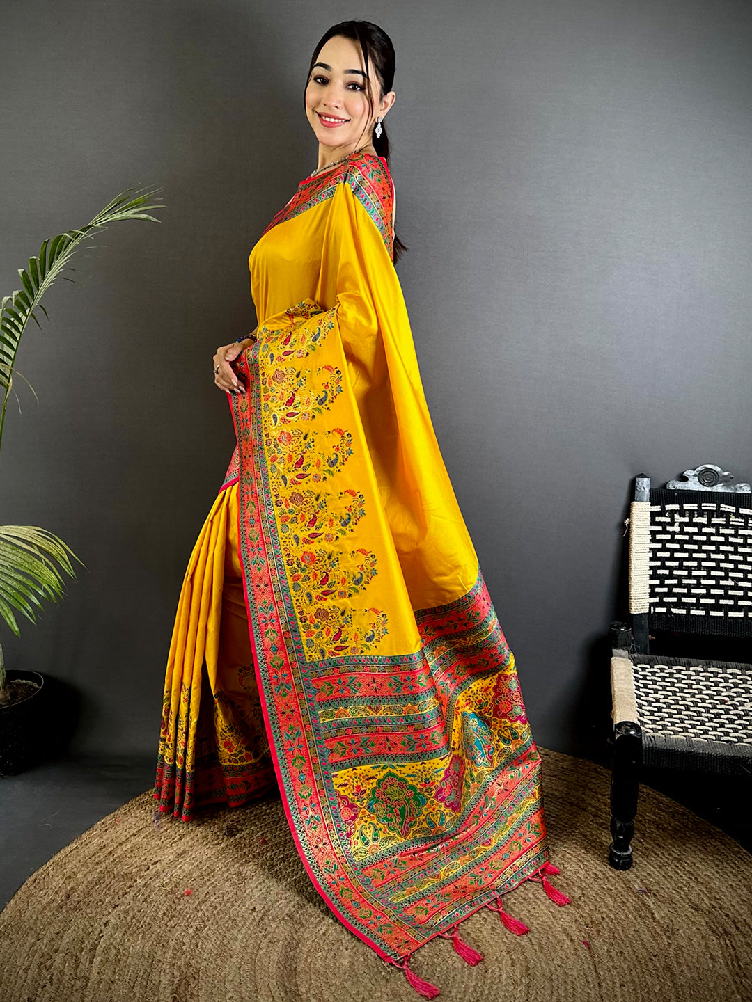 Yellow Kashmiri Pashmina Semi Silk Saree
