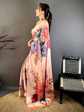 Peach Soft Chiffon Floral Stone Work Saree
