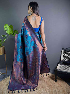 Back view of royal blue soft silk butta weaving saree