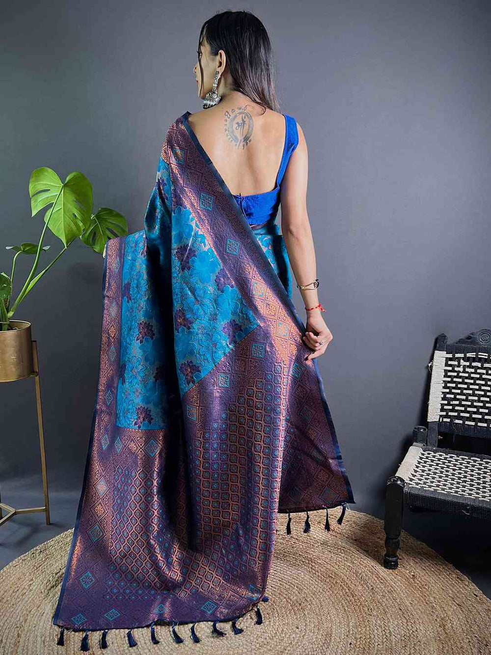Back view of royal blue soft silk butta weaving saree