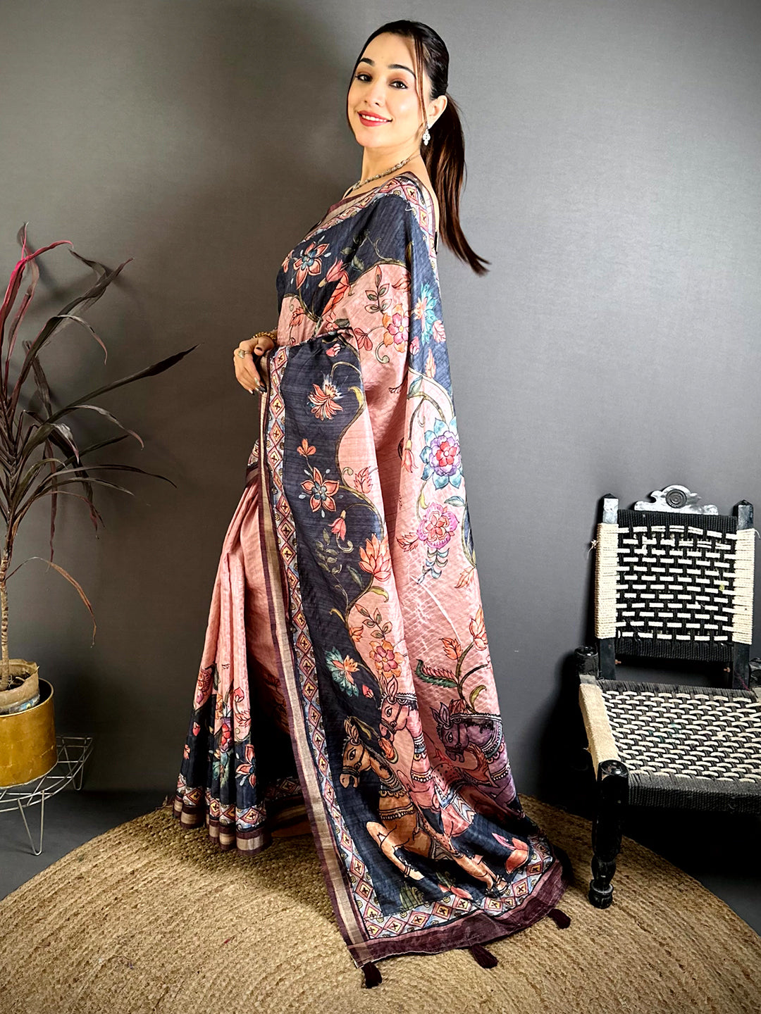 Graceful Tussar Ghicha Kalamkari Saree