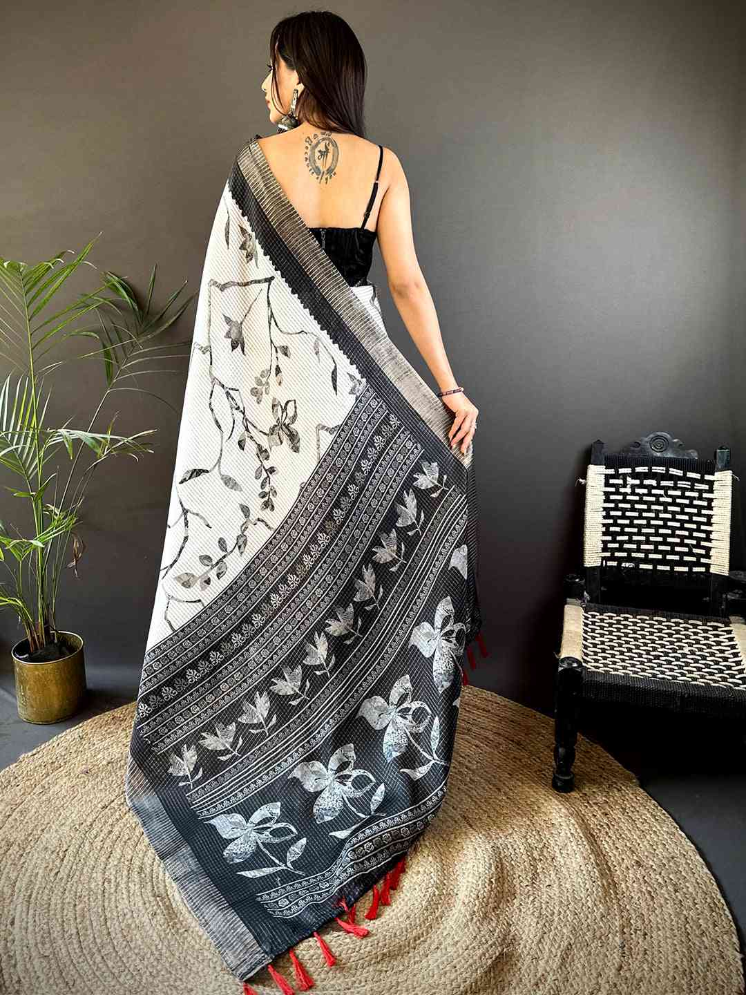 Kalamkari Black Check Tissue Chanderi Saree