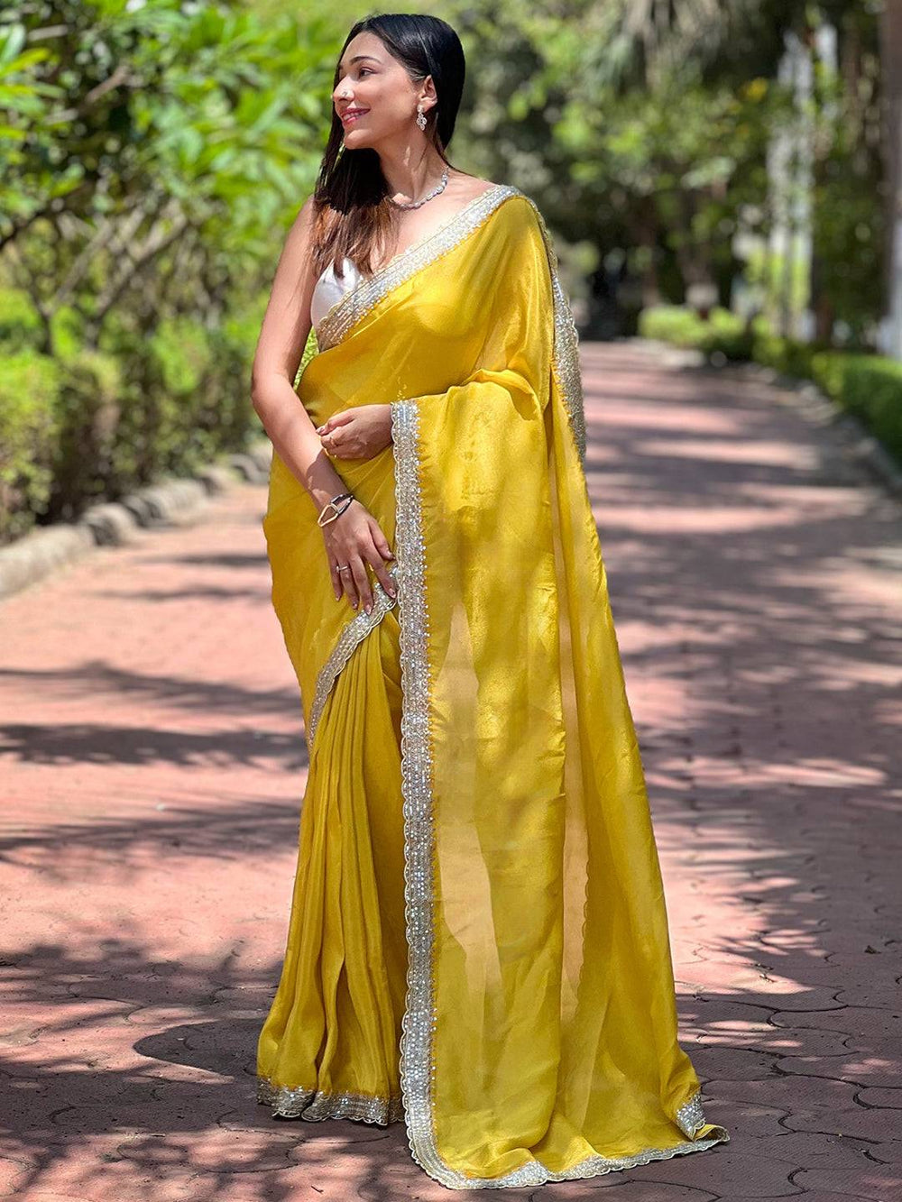 Elegant Yellow Viscose Saree with Sequence Cut Work