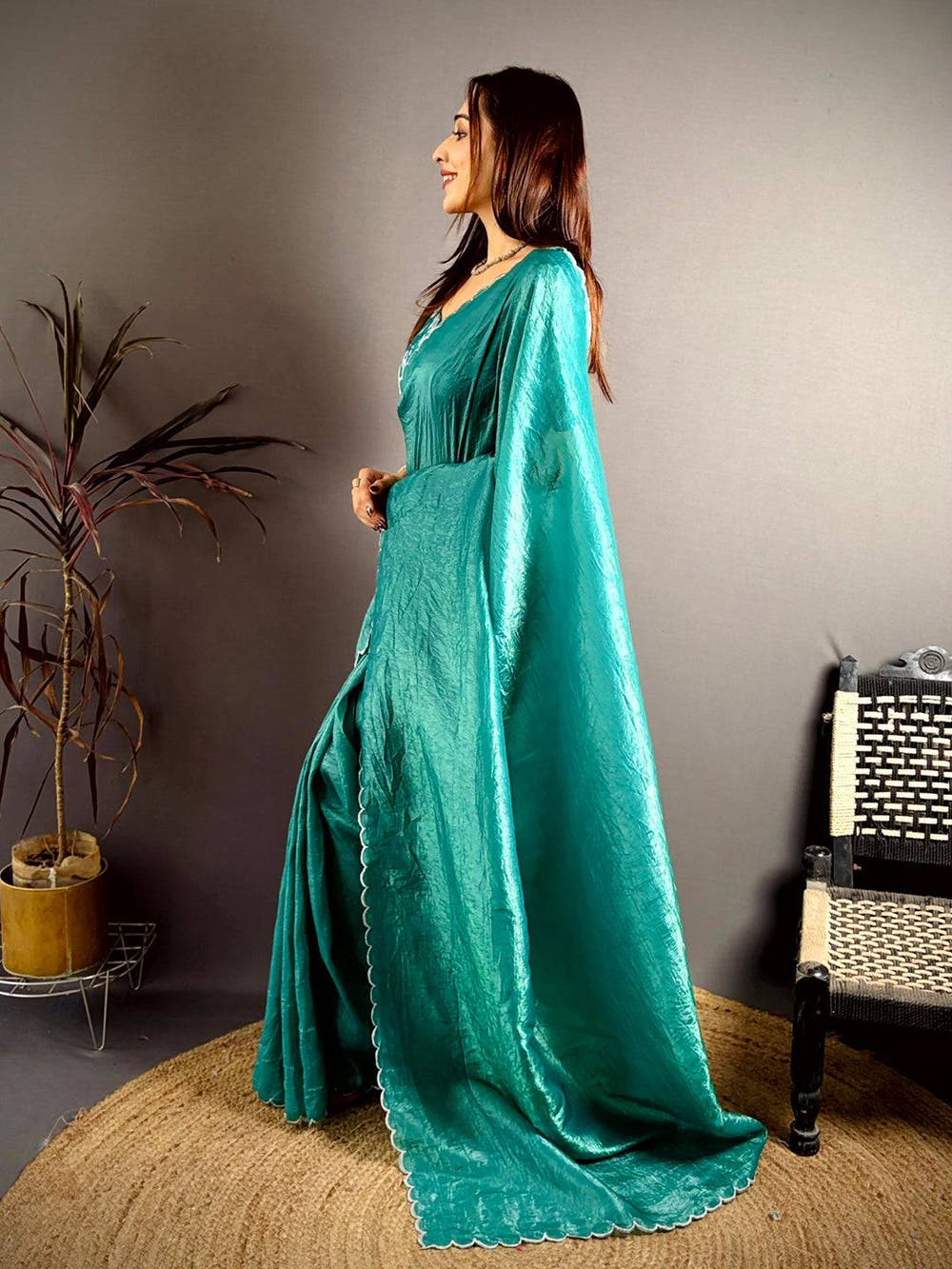 Teal Green Bariq Cutwork Crash Silk Saree