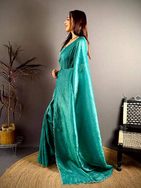 Teal Green Bariq Cutwork Crash Silk Saree