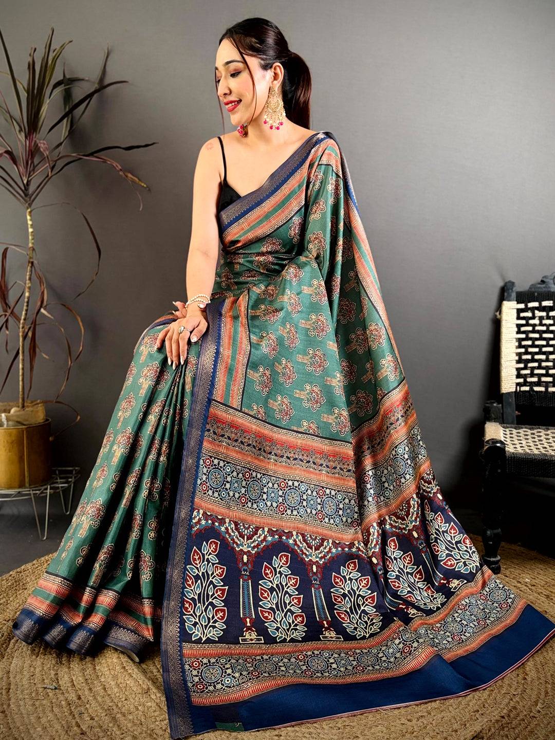Regal Block Ajrakh Print Soft Tussar Saree

