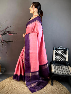 Rose Pink Tussar Gold Zari 1000 Butti Saree