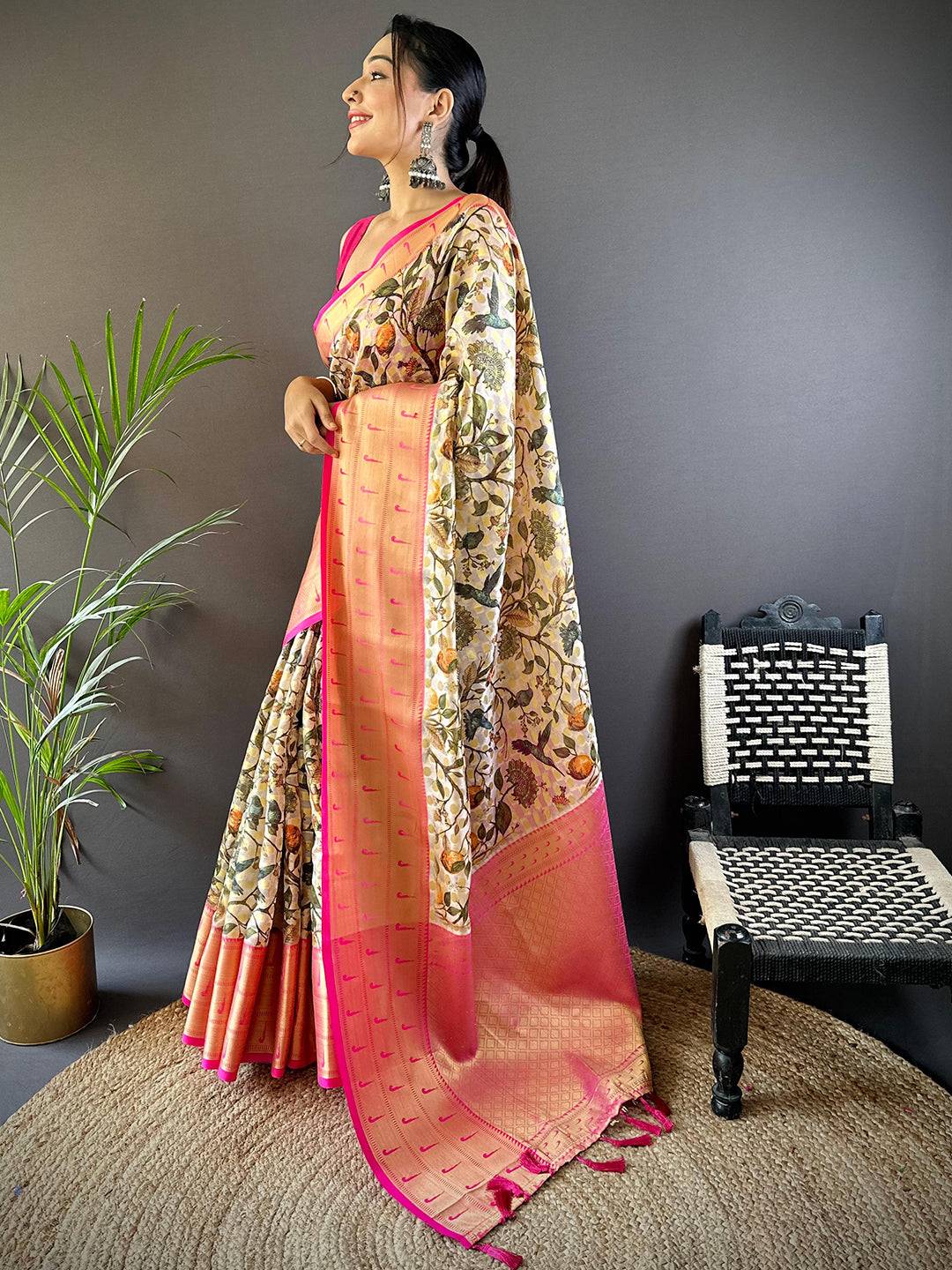 Off White Paithani Kora Silk Saree