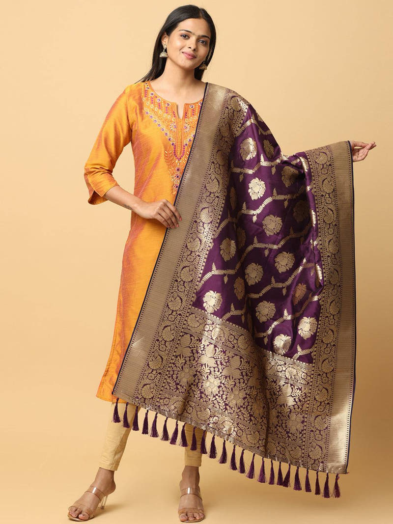 Wine silk blend dupatta with woven design and resham tassels