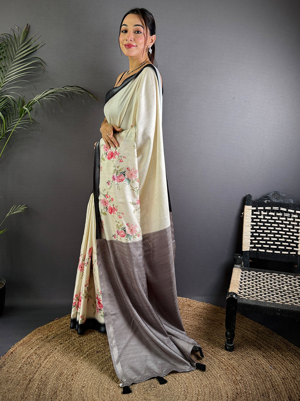 Radiant White Floral Tussar Silk Saree