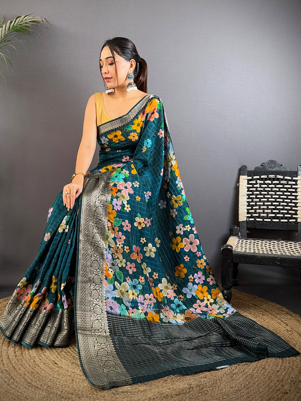 Teal Viscose Kanchi Pattu Border Saree
