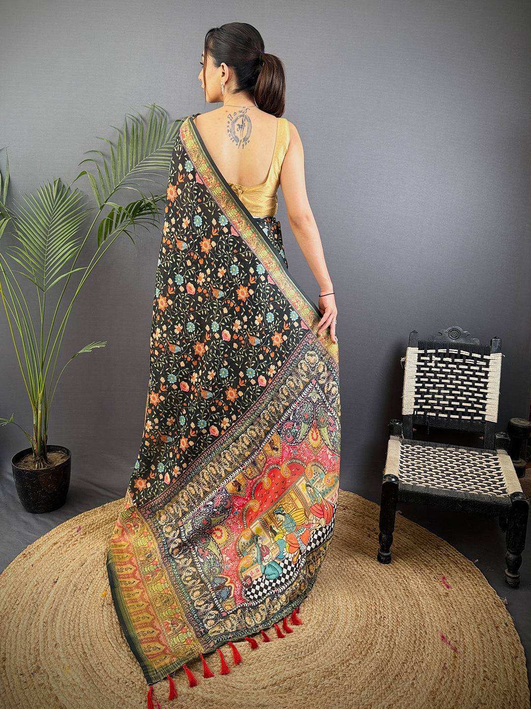 Black Aari Pashmina Print Linen Saree