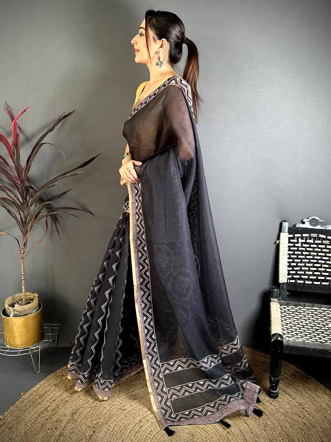 Regal Ajrakh Print Linen Saree


