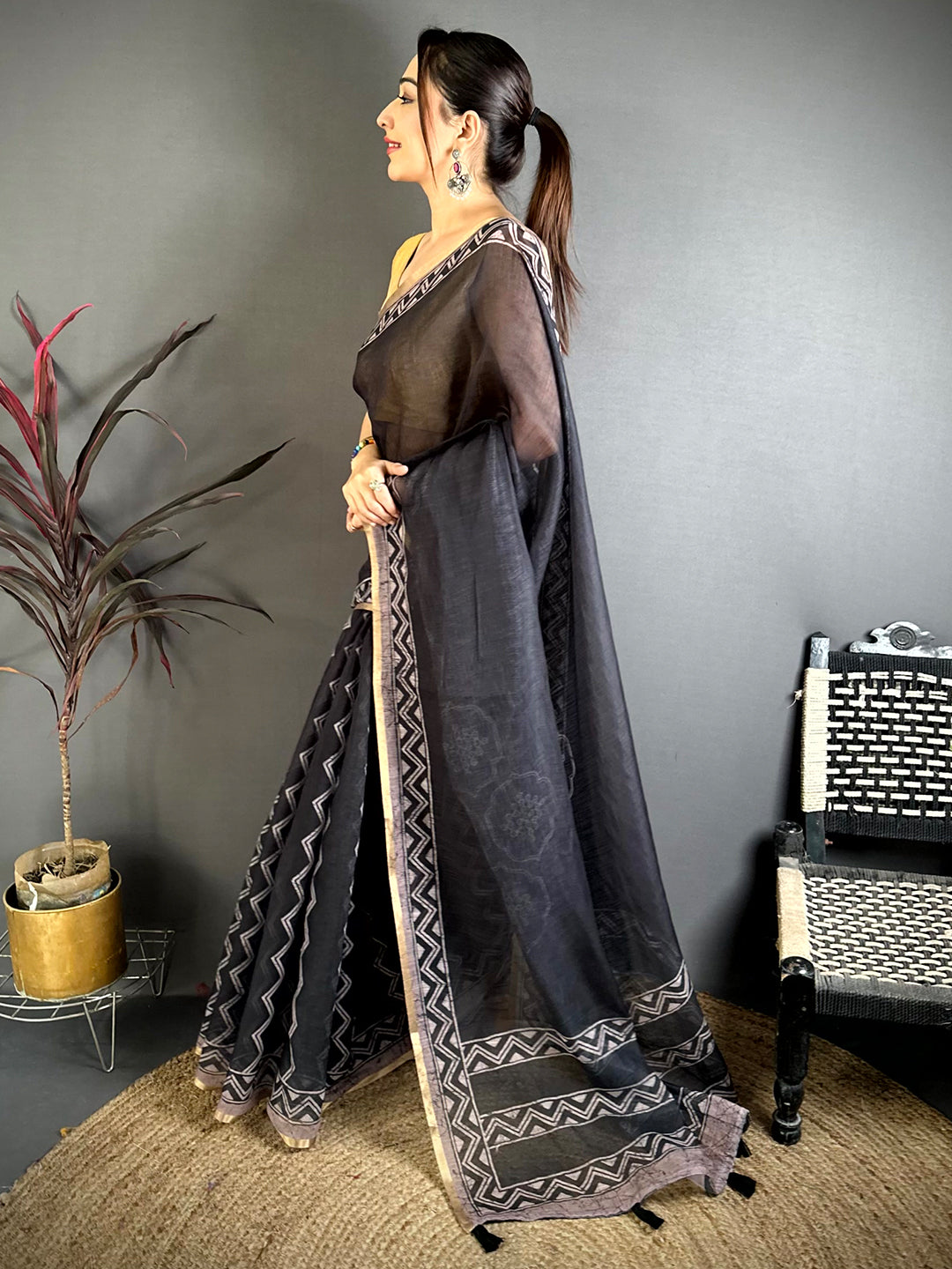 Regal Ajrakh Print Linen Saree


