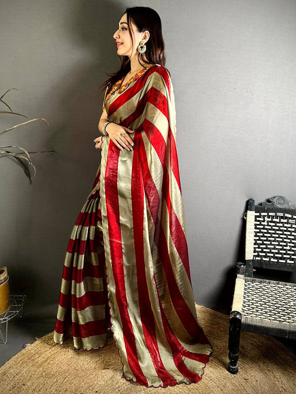 Classic Shiny Silk Striped Print Saree