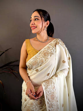 White Aari Jhalar Tussar Satin Saree