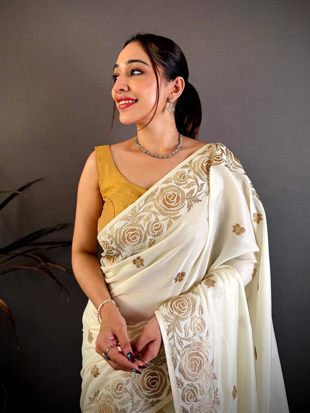 White Aari Jhalar Tussar Satin Saree