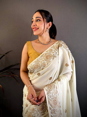White Aari Jhalar Tussar Satin Saree