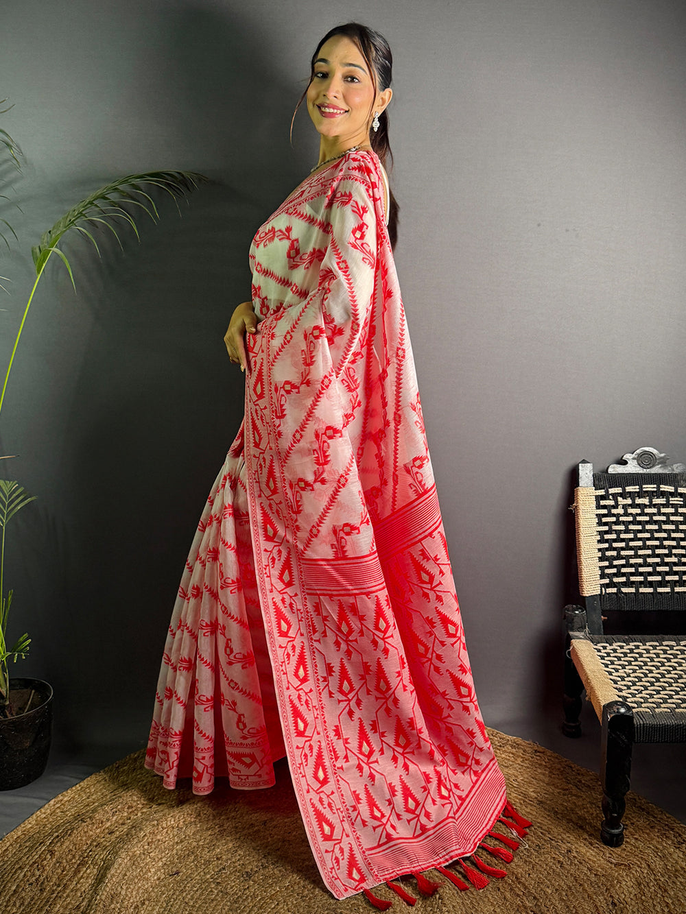 Red Cotton Silk Dhakai Jamdani Saree