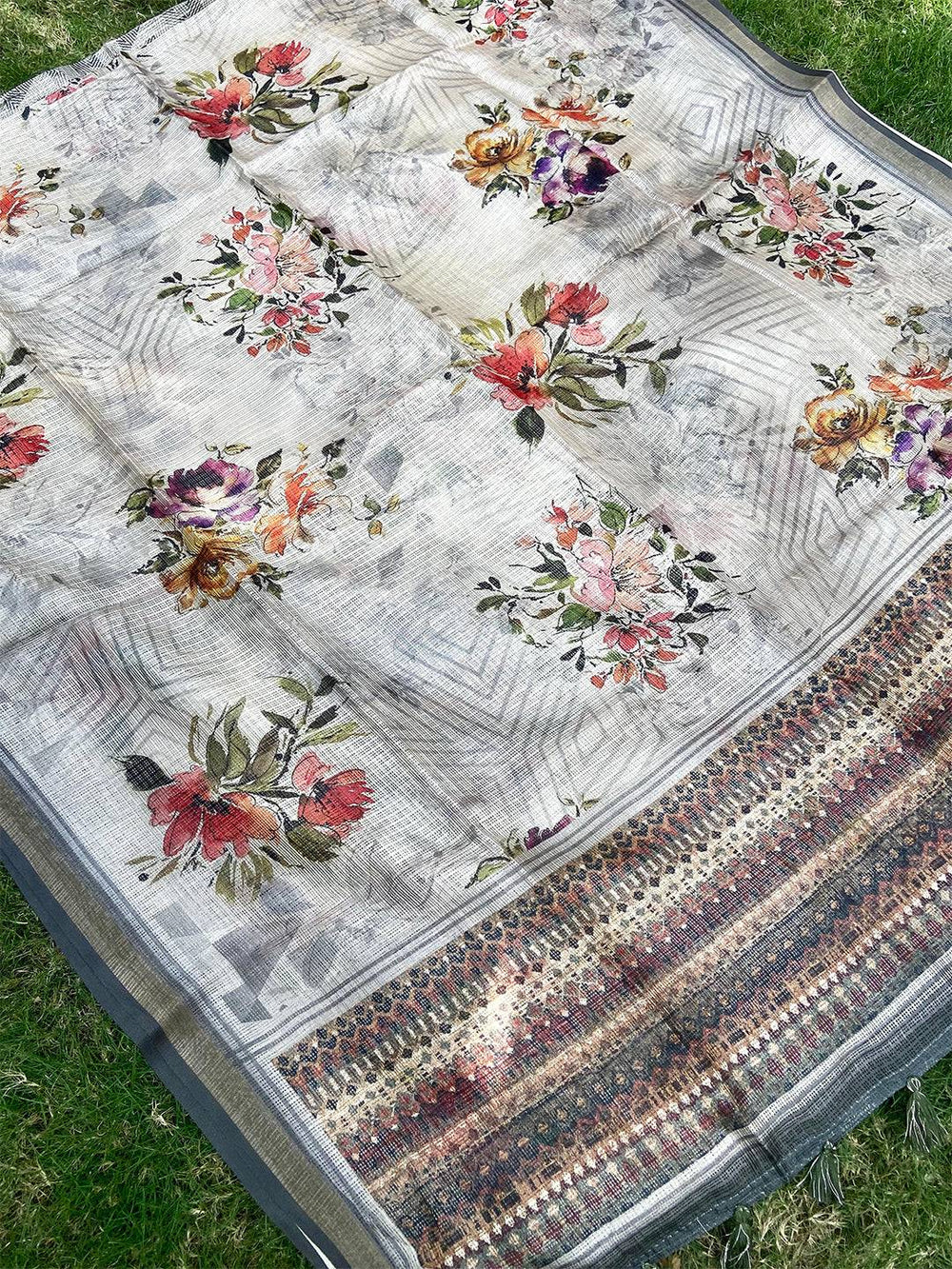 Grey Colour Soft Kota Doriya Silk Saree With Flower Print