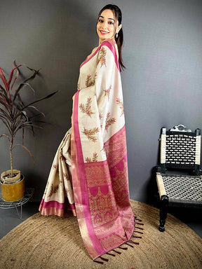 Peach Leaf Minakari Tussar Saree