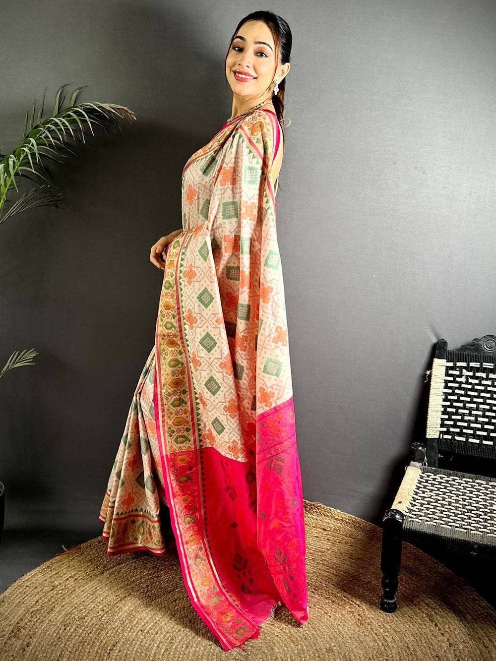 White Soft Silk Saree With Patola Weaving

